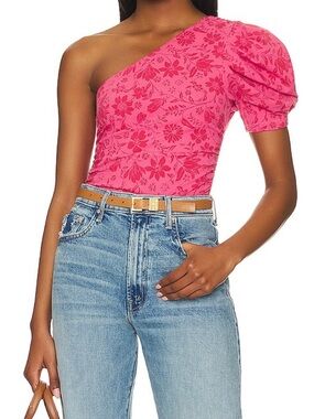 Free People One-Shoulder Pink Floral Puff-Sleeve Top